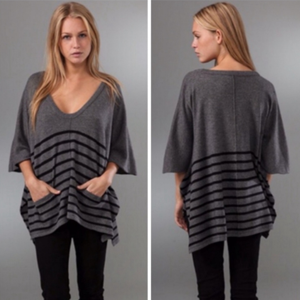 C&C California women's gray with black stripes v neck sweater poncho size Xs/s